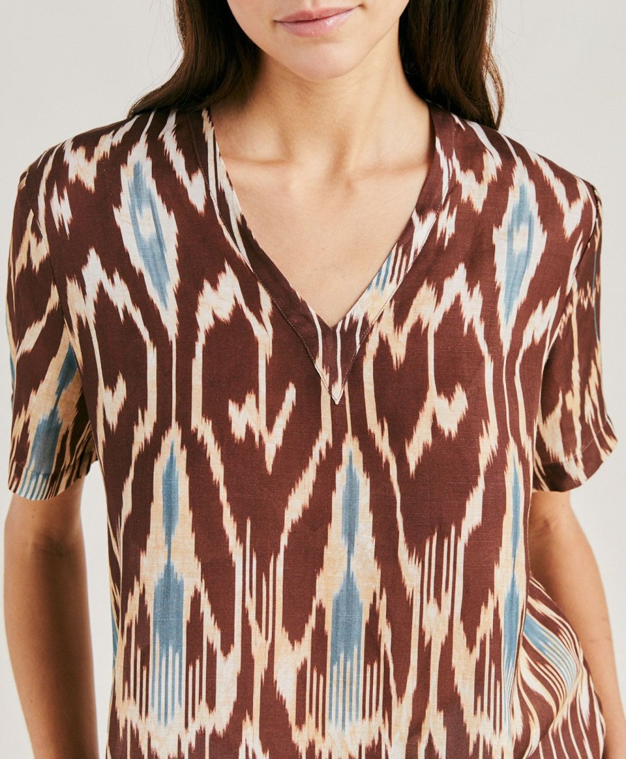 Momoni Osmanto Blouse Van Bedrukt Viscose-Linnen - Veelkleurig Cacao