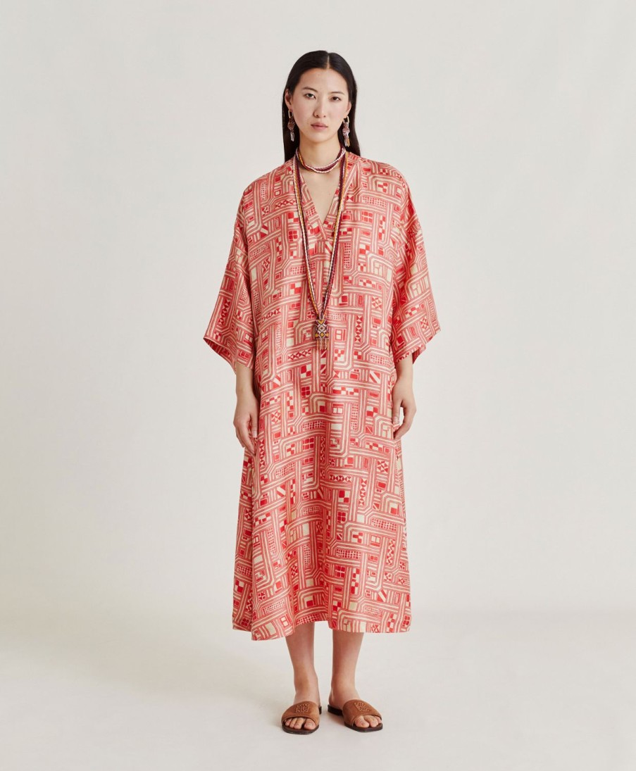 Momoni Faro Zijden Twill Jurk - Beige/Koraal