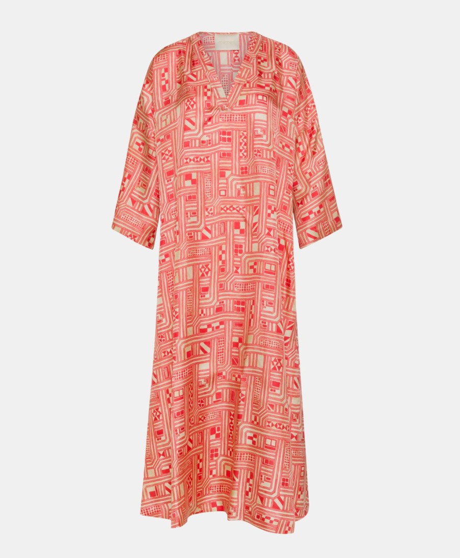 Momoni Faro Zijden Twill Jurk - Beige/Koraal