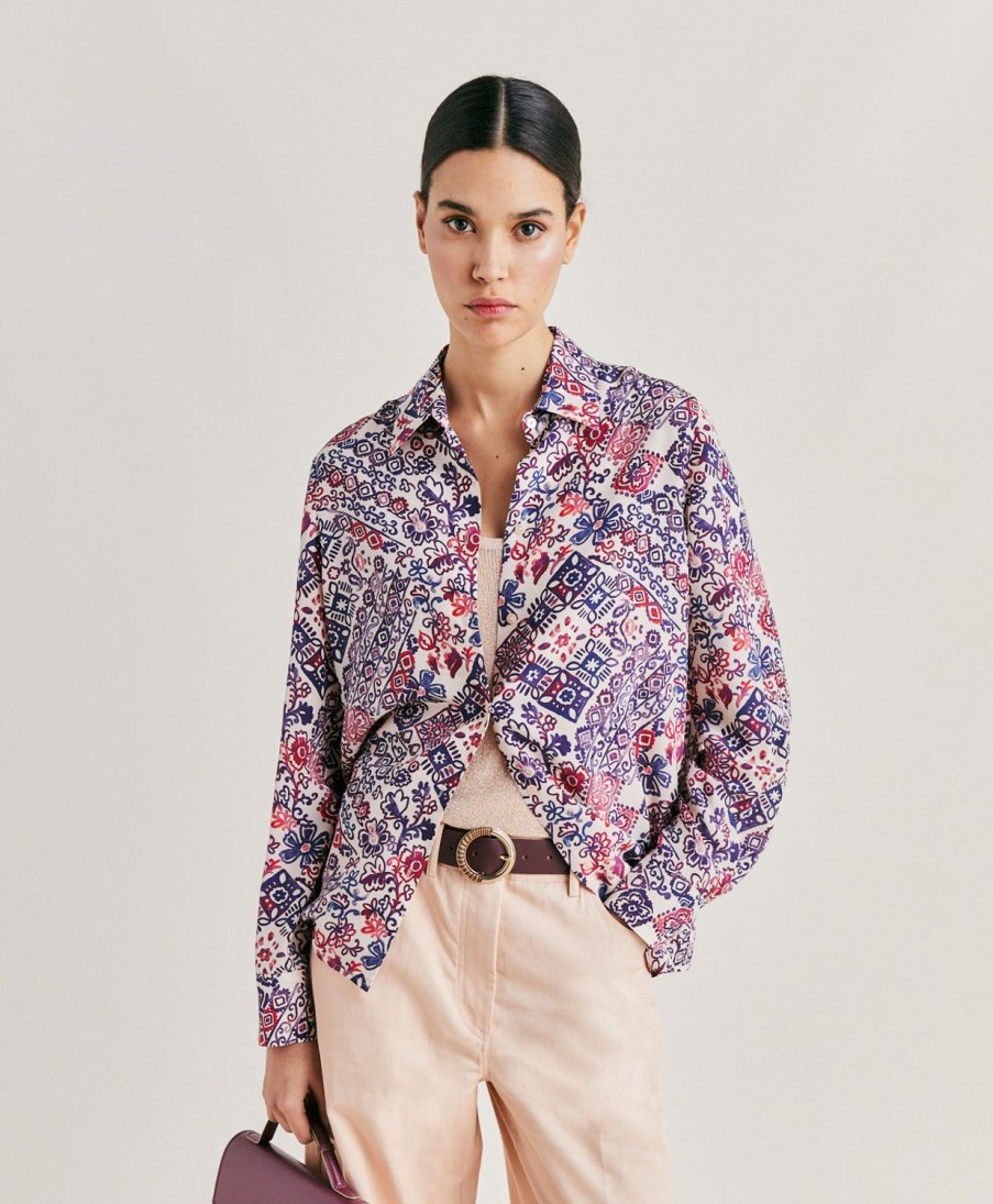 Momoni Crepe De Chine Overhemd - Creme/Paars