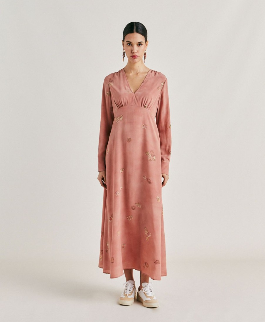 Momoni Cala Junco Jurk In Crepe De Chine - Roze Veelkleurig