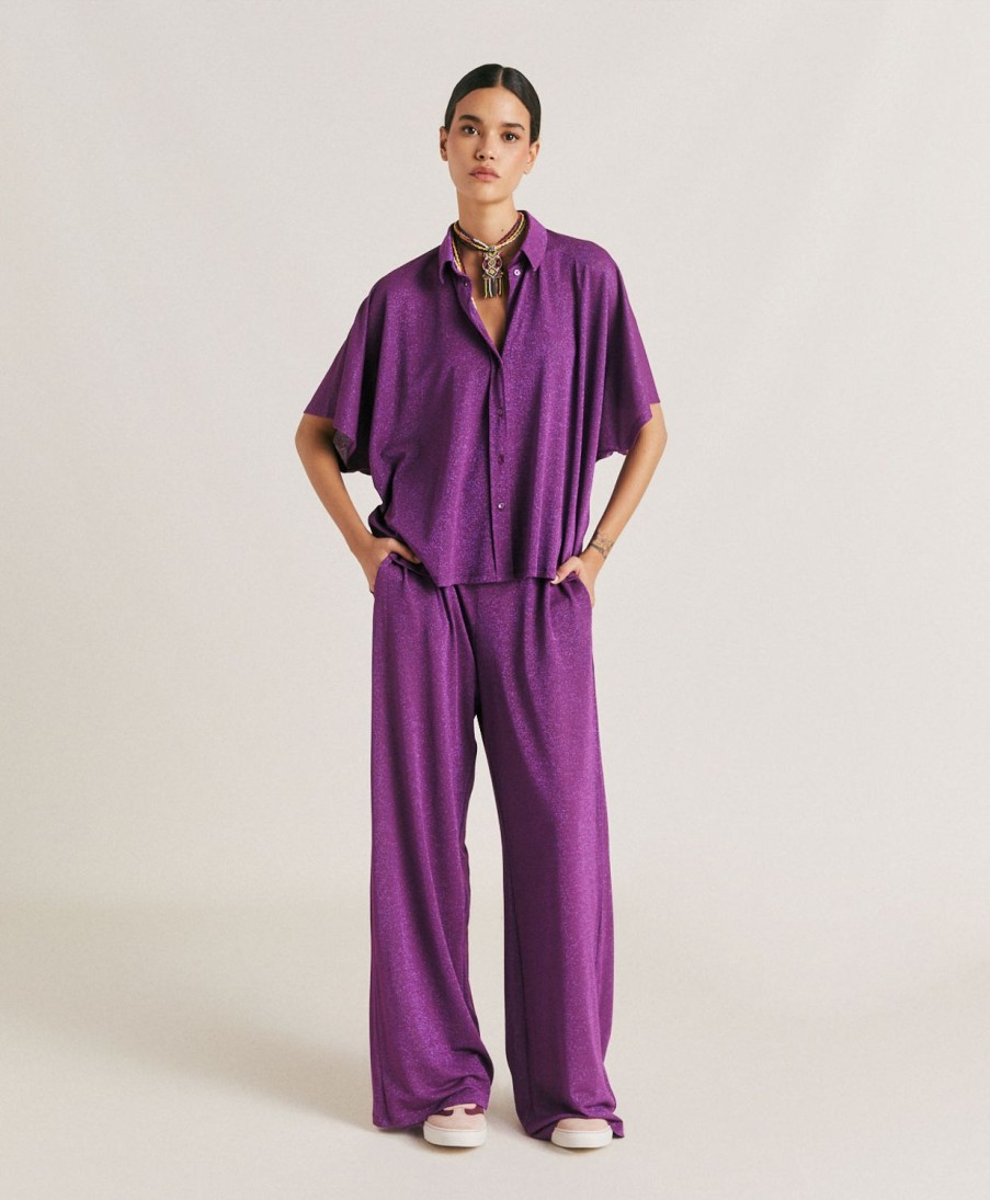 Momoni Baccaratbroek In Lurex-Jersey - Cyclamen