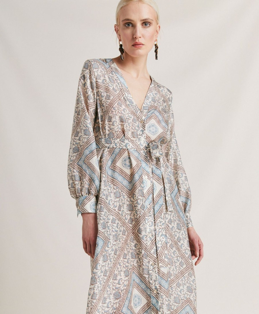 Momoni California Jurk In Zijden Haboutai - Creme/Stoffig