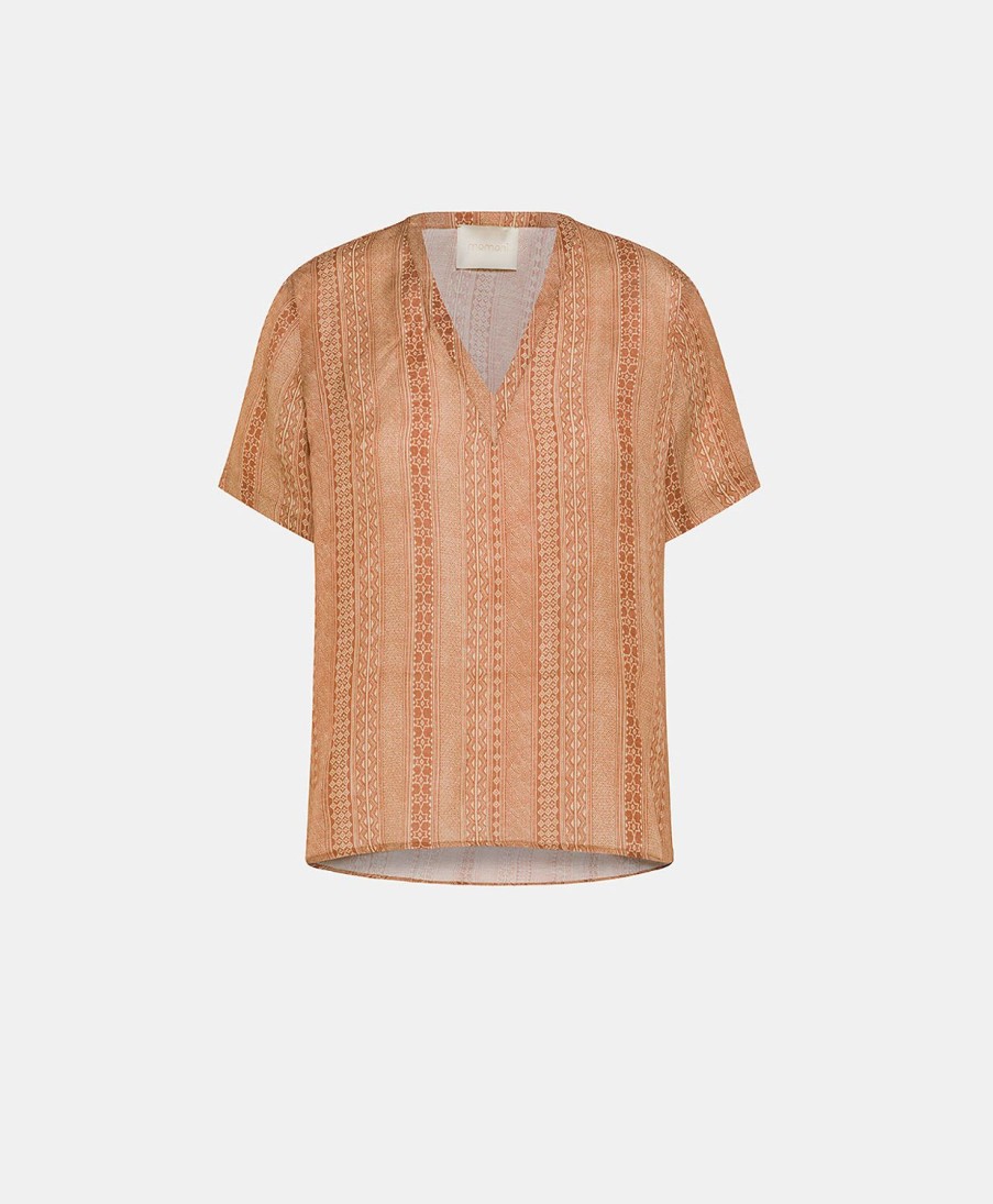 Momoni Osmanto Blouse Van Bedrukt Viscose-Linnen - Creme/Roest
